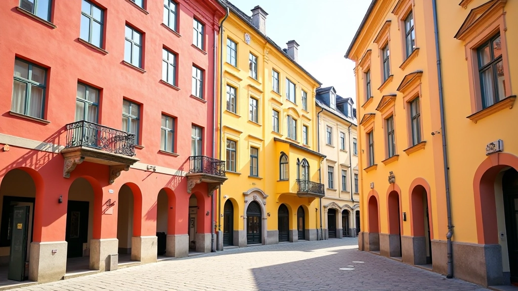 Spalvoti senamiesčio pastatų fasadai, klasikinė architektūra, ryto šviesa