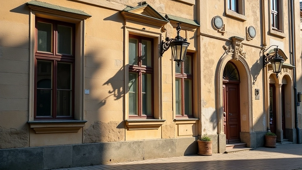 Senos statybos namas su detalėmis, tradicinis Kauno senamiesčio stilius, ryto šviesa, aukštos sienos