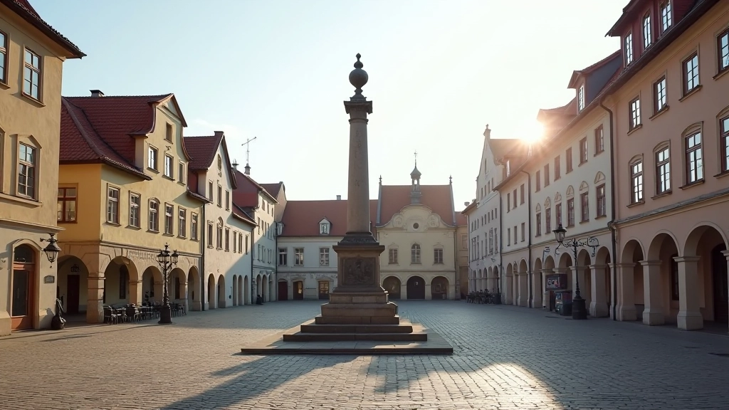 Senamiesčio aikštė su paminklu, tradicinės statybos namai, rytas, šviesa nuo saulės, atidžus žvilgsnis
