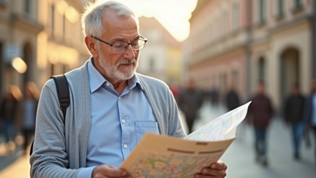 Senjoras žiūri į žemėlapį senamiesčio aikštėje, ryto šviesa, ramus žvilgsnis